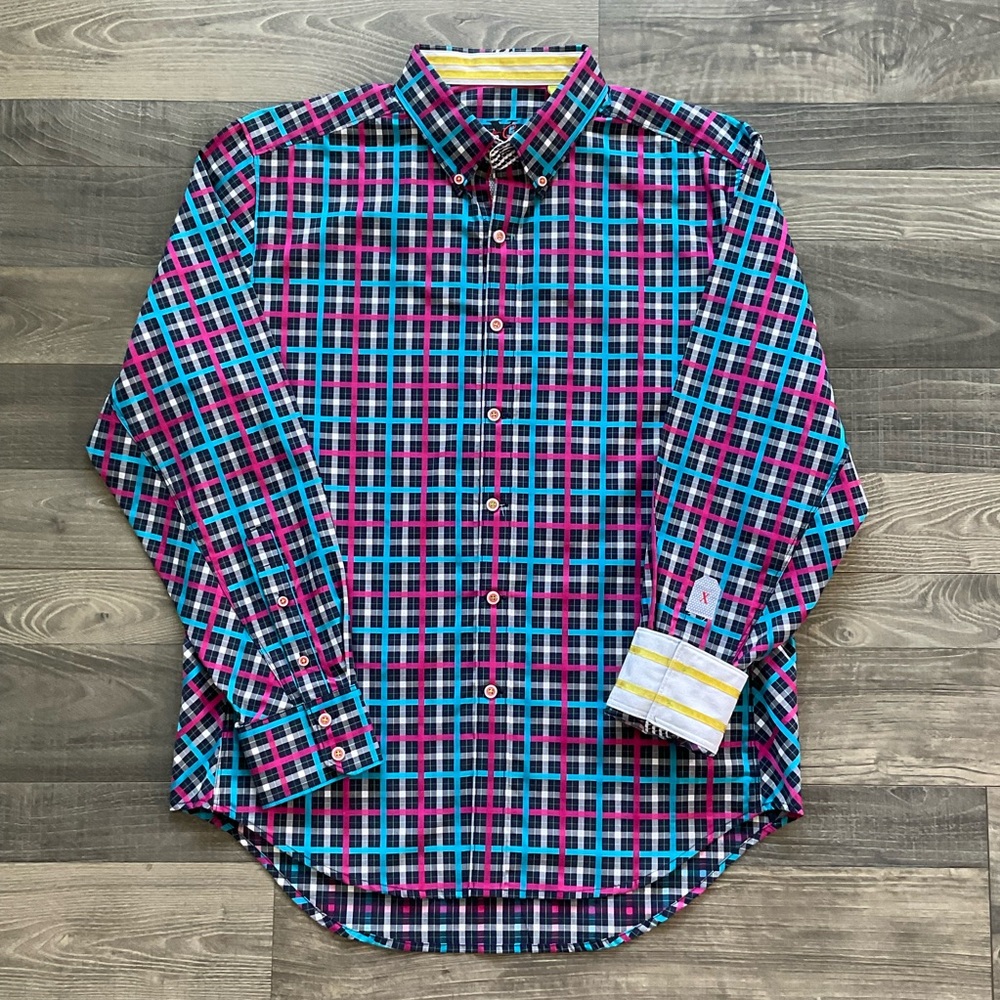 Robert Graham X Tailored Flip Cuff Men’s LARGE Black Blue Pink Plaid Button Down